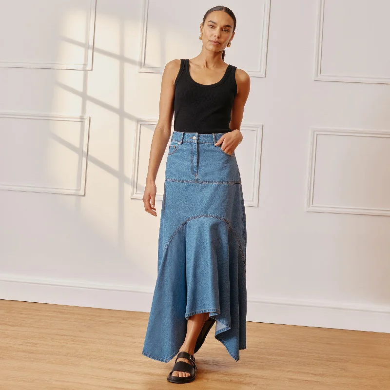 Button - Down Denim Top with a Classic DesignAsymmetric Denim Skirt