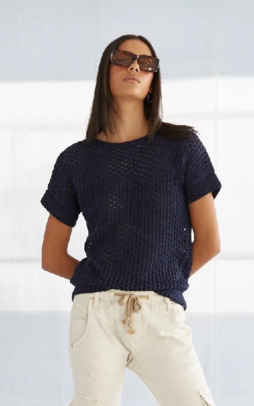 Fringed Denim Top with a Bohemian FlairCora Knit Short Sleeves Top