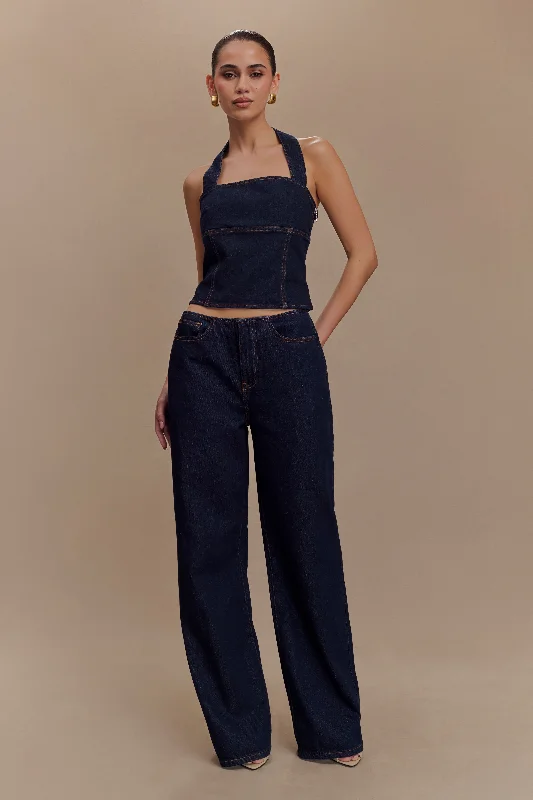 Stretch women jeans for enhanced mobility and comfortDayna Denim Halter Top - Indigo Blue