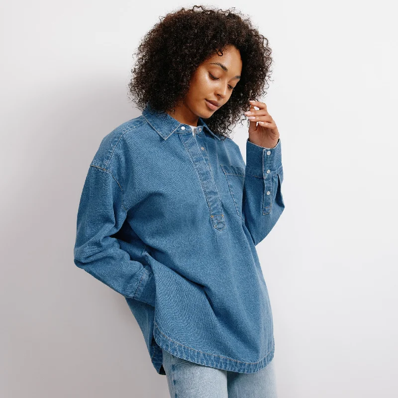 Denim Top with a Peplum Hem for a Flirty and Feminine LookDenim Over the Head Shirt