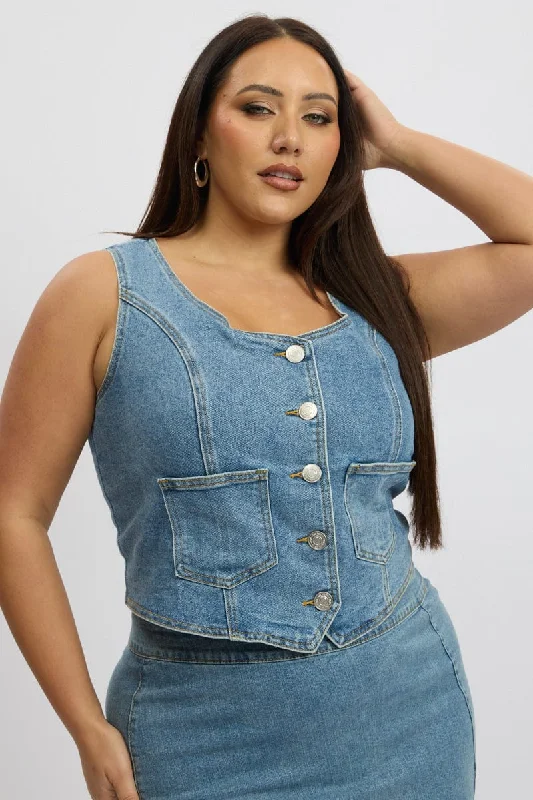 Denim Top with a Belted Waist for a Defined SilhouetteDenim Stretch Button Through Fitted Vest