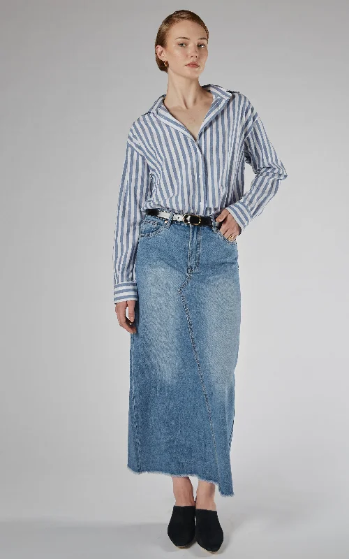 Fringed Denim Top with a Bohemian FlairFinley Loose Blue Stripe Shirt