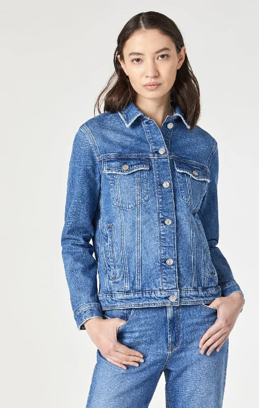 Bootcut women jeans to complement various shoe stylesKATY JACKET IN DARK RECYCLED BLUE