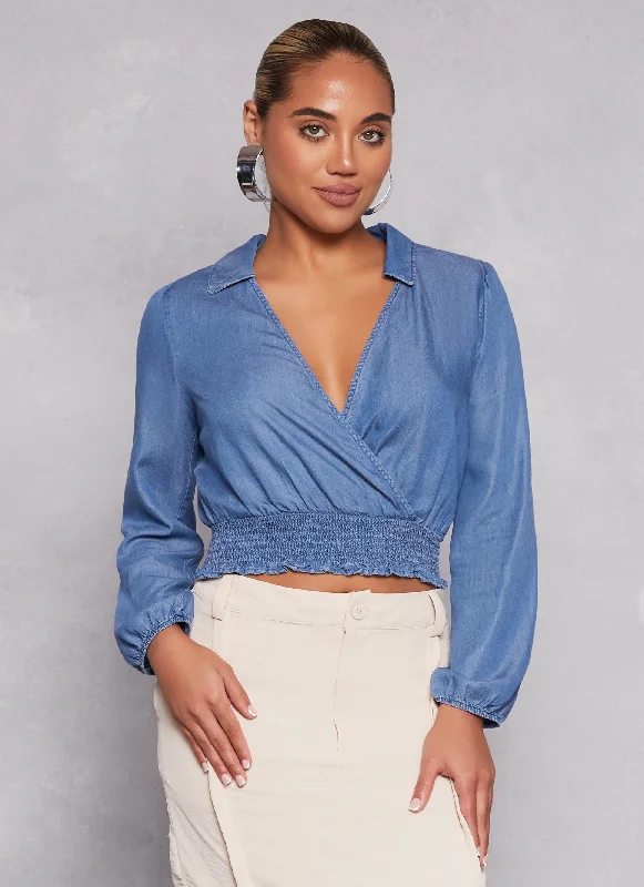 Dark - wash women jeans for a sophisticated and slimming effectChambray Faux Wrap Crop Top