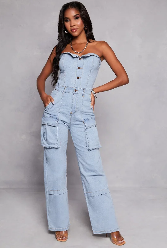 Stretch women jeans for enhanced mobility and comfortDaisy Strapless Denim Cargo Jumpsuit