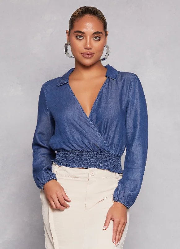 Stretch women jeans for enhanced mobility and comfortChambray Faux Wrap Crop Top