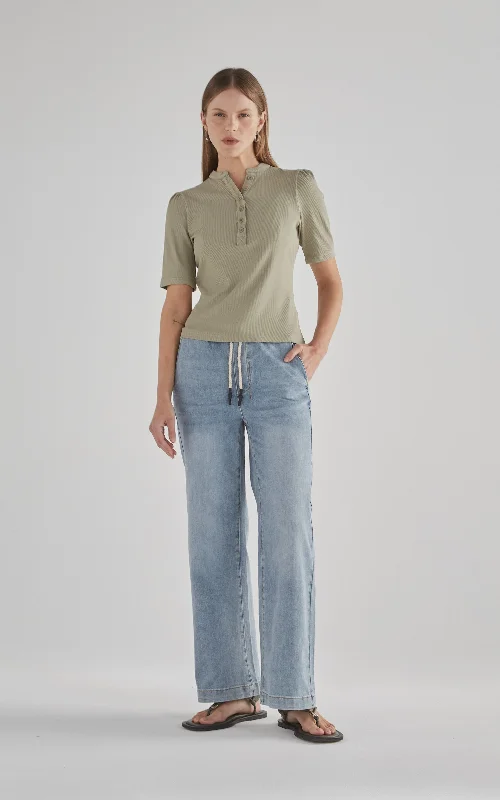 Studded Denim Top for a Glamorous and Bold StyleMisha Sage Green Rib Top