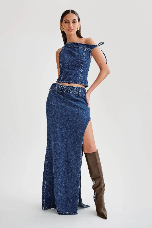 Denim Top with a Collared Neckline for a Preppy StyleRamsey Denim Maxi Skirt With Split - Dark Blue Denim Top with a Collared Neckline for a Preppy StyleRamsey Denim Maxi Skirt With Split - Dark Blue