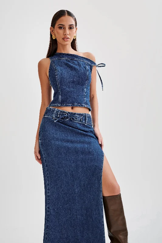 Jeggings women jeans combining the comfort of leggings and style of jeansRamsey Denim Off Shoulder Top - Dark Blue