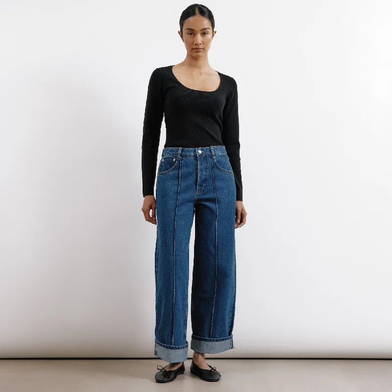 Fringed Denim Top with a Bohemian FlairRelaxed Pintuck Jean Mid Wash
