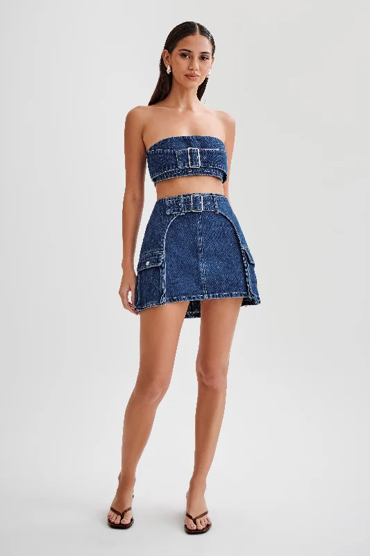 Denim Top with a Metallic Accent for a Shiny LookRowena Denim Buckle Mini Skirt - Dark Blue Denim Top with a Metallic Accent for a Shiny LookRowena Denim Buckle Mini Skirt - Dark Blue