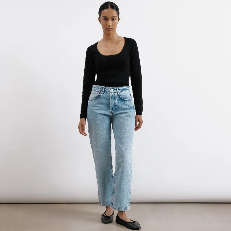 Denim Top with a Metallic Accent for a Shiny LookLight Wash Straight Leg Jeans