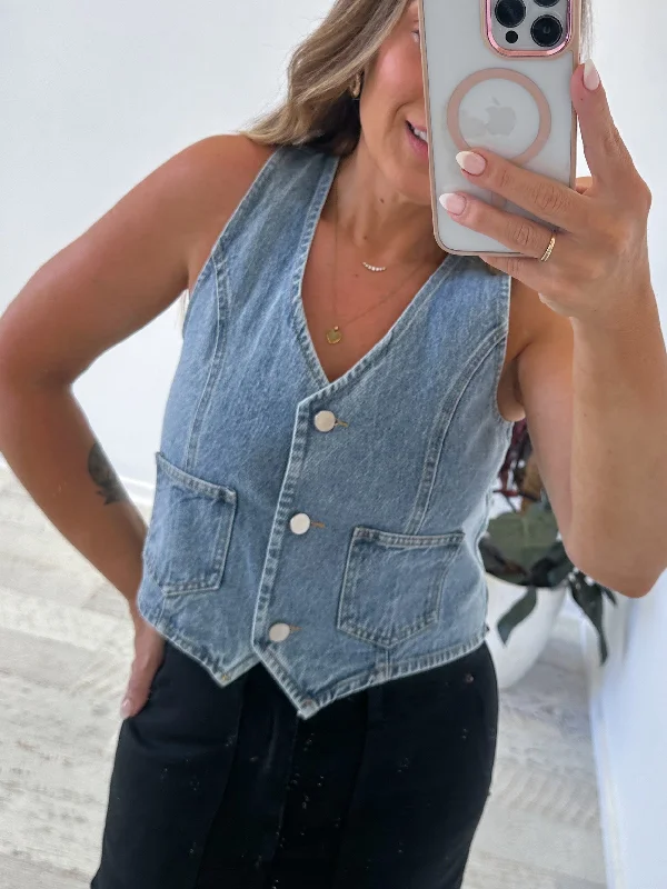 Washed - Out Denim Top for a Vintage AestheticTheo Denim Vest