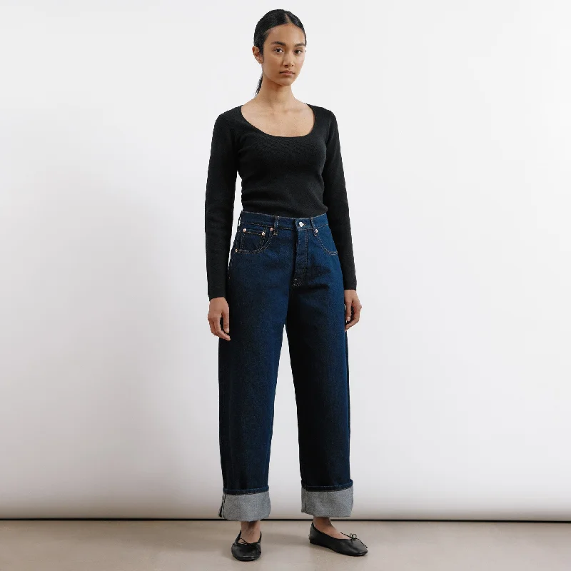 Patchwork Denim Top with a Unique and Artistic AppealDark Wash Turn Up Jean