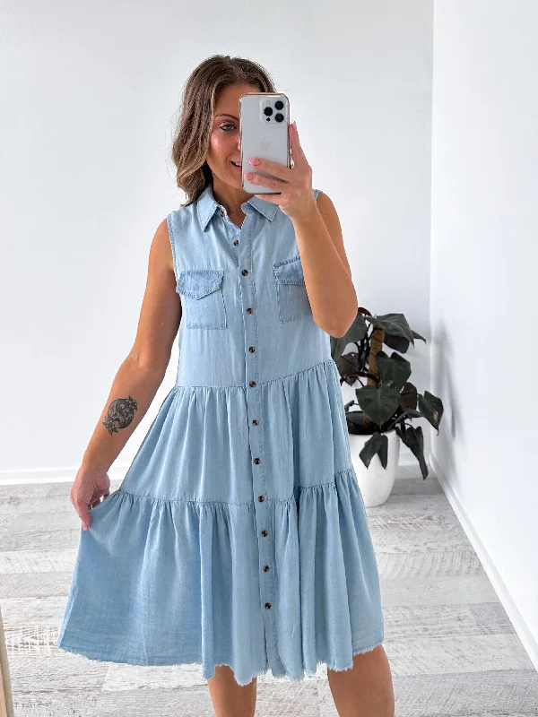 Denim Top with a Metallic Accent for a Shiny LookWyatt Dress