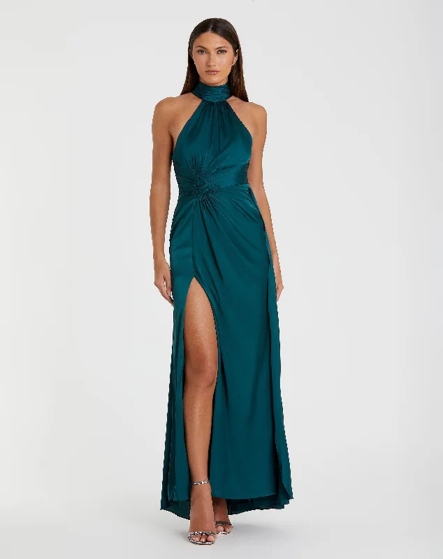 Maxi dresses with an asymmetric hem for a fashion - forward and eye - catching designDark Blue Open Back High Neck Side Ruched Gown
