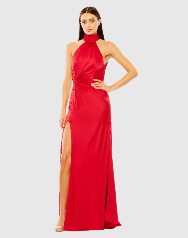 Maxi dresses with a criss - cross back for a flirty and unique detailRed Open Back High Neck Side Ruched Gown