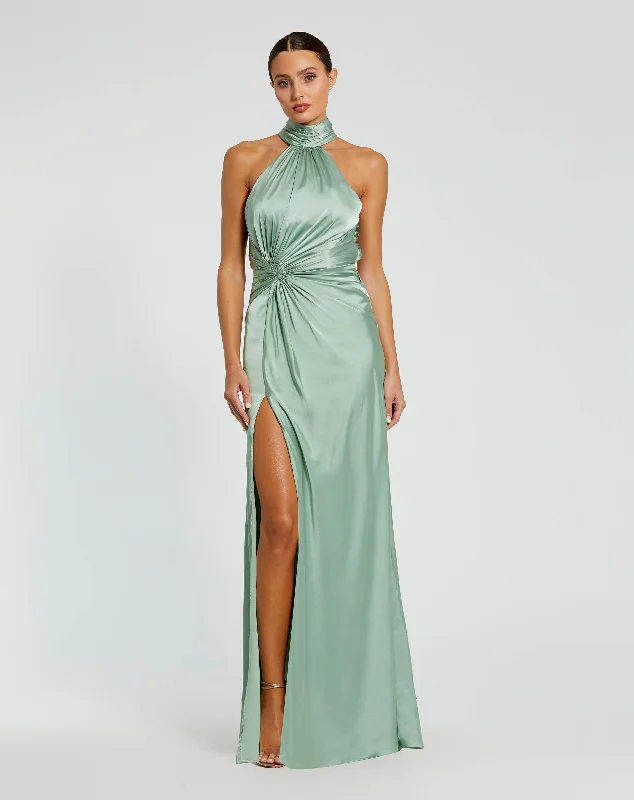 Maxi dresses with beaded embellishments for a fancy and luxurious eventLight Green Open Back High Neck Side Ruched Gown