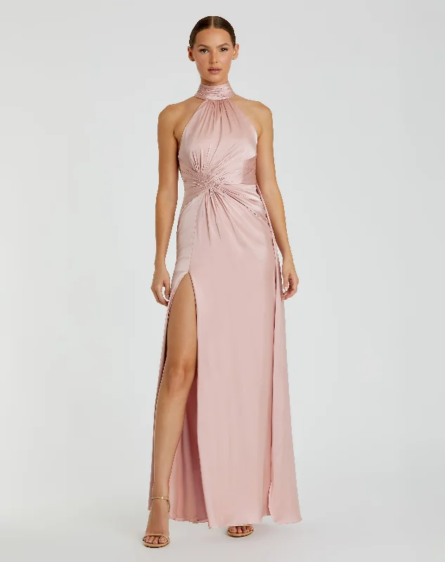 Maxi dresses with a ruched bodice for a more form - fitting and feminine shapeLight Pink Open Back High Neck Side Ruched Gown