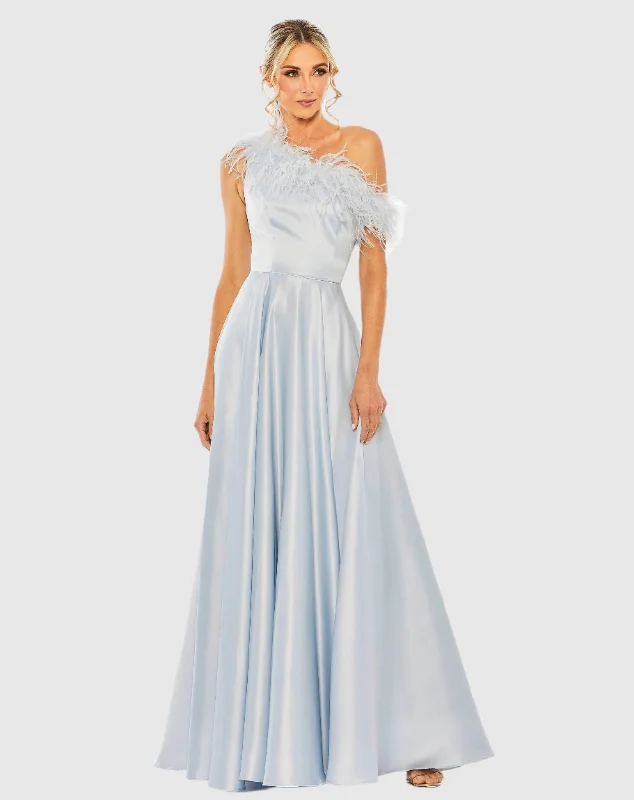 Maxi dresses with bow accents at the waist for a sweet appearanceOne Shoulder A Line Gown With Feather Detail