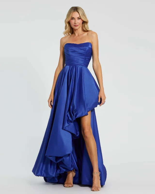Maxi dresses with bow accents at the waist for a sweet appearanceBlue Strapless Ruched High Low Gown