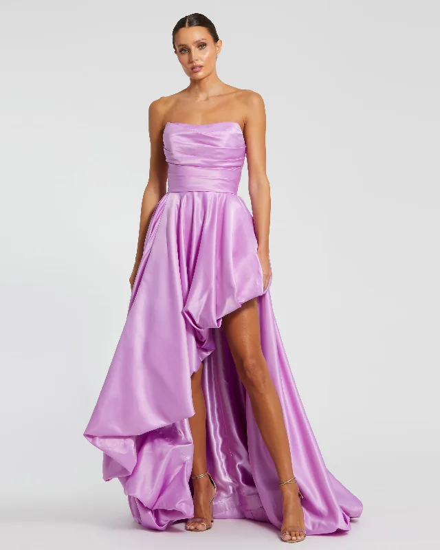 Maxi dresses with thin spaghetti straps for a delicate and feminine feelPurple Strapless Ruched High Low Gown