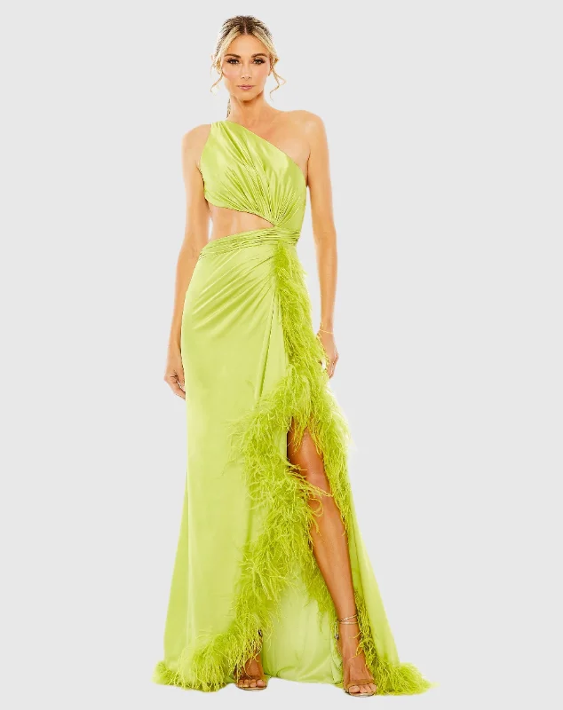 Maxi dresses with patchwork designs for a one - of - a - kind styleGreen One Shoulder Key Hole Detail With Feather Lining
