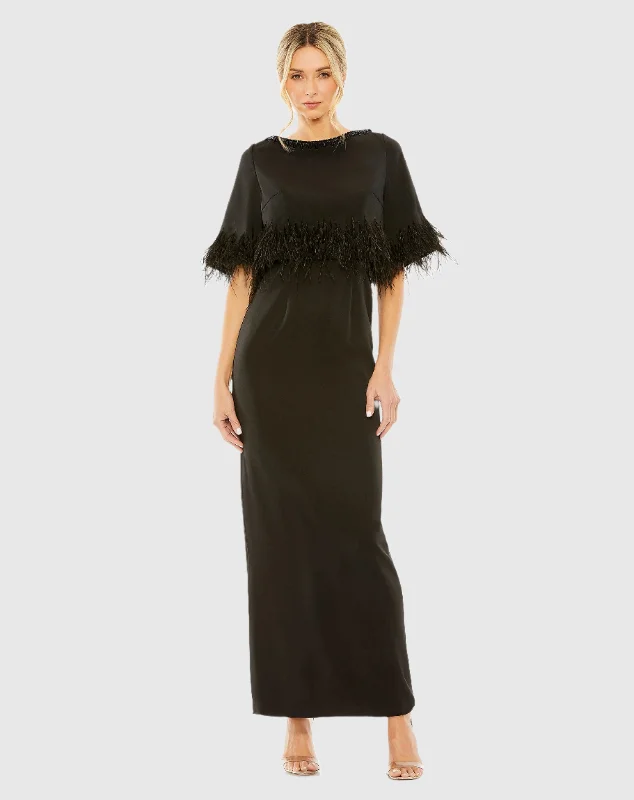 Metallic maxi dresses for a glamorous New Year's Eve partyQuarter Sleeve Crystal Neck Feather Detail Dress