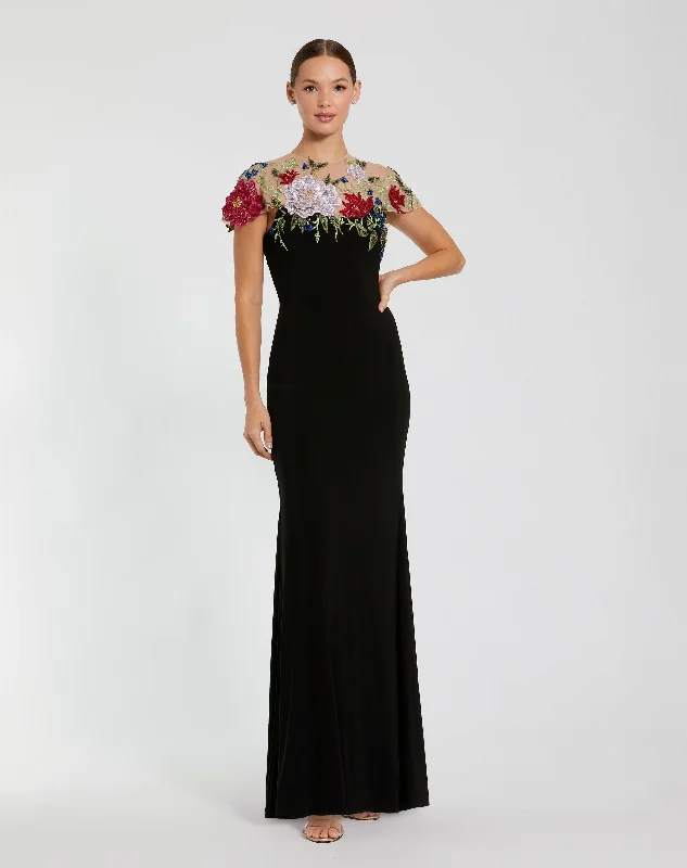 Satin maxi dresses with a high - low hem for a modern twistFloral Embellished Jersey Fitted Gown
