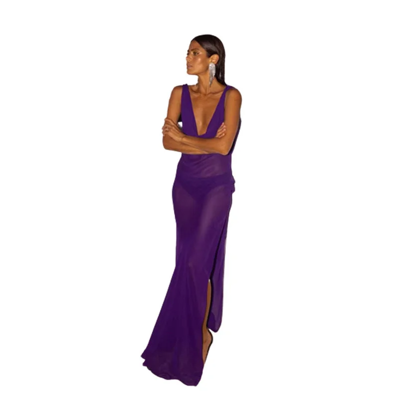 Maxi dresses with a V - neckline for a flattering and elongating shape2023 new arrivals women natural solid color v-neck mesh see through dress summer maxi dress Maxi dresses with a V - neckline for a flattering and elongating shape2023 new arrivals women natural solid color v-neck mesh see through dress summer maxi dress