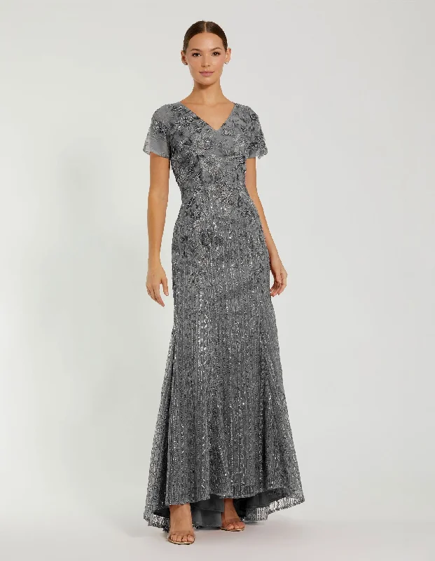 Maxi dresses with one - shoulder designs for a stylish and asymmetric lookEmbellished V Neck Cap Sleeve Trumpet Gown