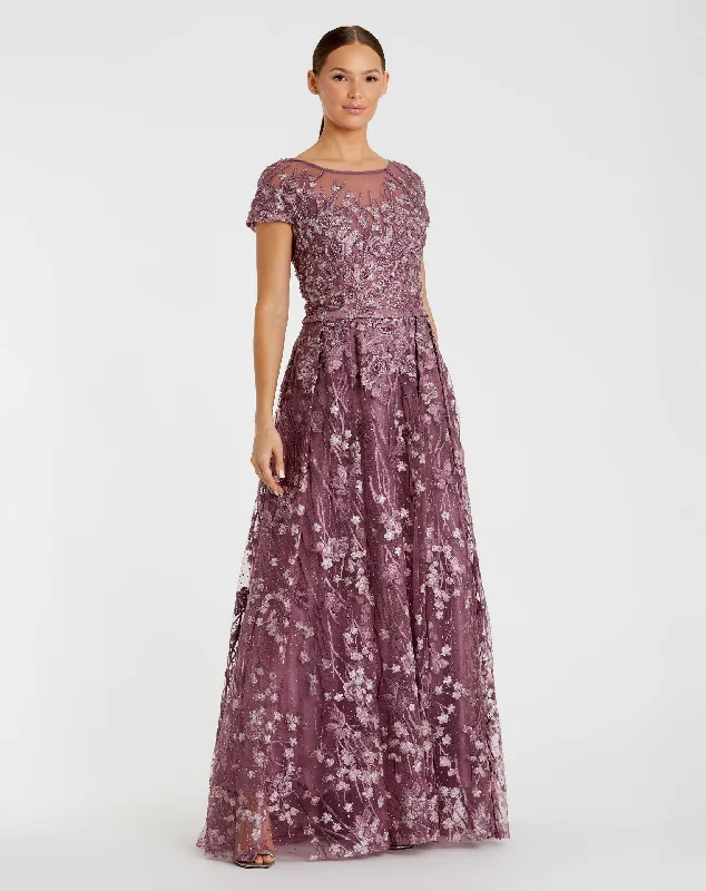 Denim maxi dresses with frayed hems for a casual lookEmbellished Floral Cap Sleeve A Line Gown