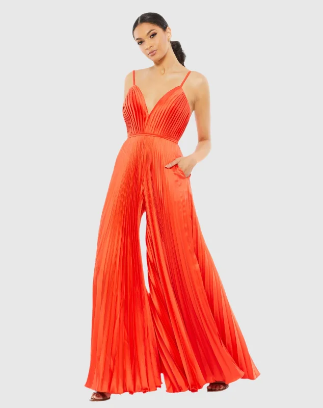 Denim maxi dresses with frayed hems for a casual lookOrange Pleated Plunge Neck Wide Leg Jumpsuit