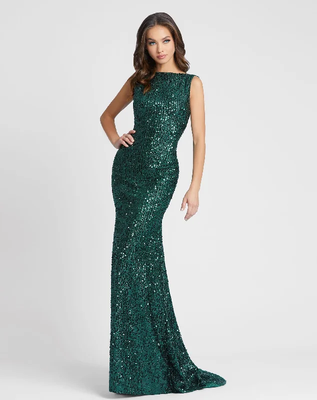 Maxi dresses with a wrap - around style for a customizable fitGreen Cowl Back Boat Neck Sequined Evening Gown
