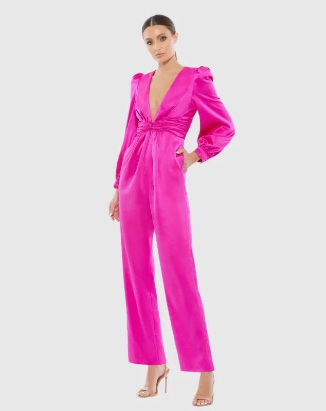 Sequined maxi dresses for formal evening galasFront Twist Puff Sleeve Deep V Jumpsuit Sequined maxi dresses for formal evening galasFront Twist Puff Sleeve Deep V Jumpsuit