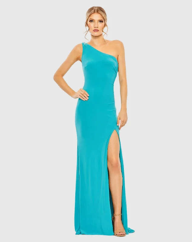 Maxi dresses with a cinched waist for a defined silhouetteBlue Jersey One Shoulder Draped Back Gown Maxi dresses with a cinched waist for a defined silhouetteBlue Jersey One Shoulder Draped Back Gown