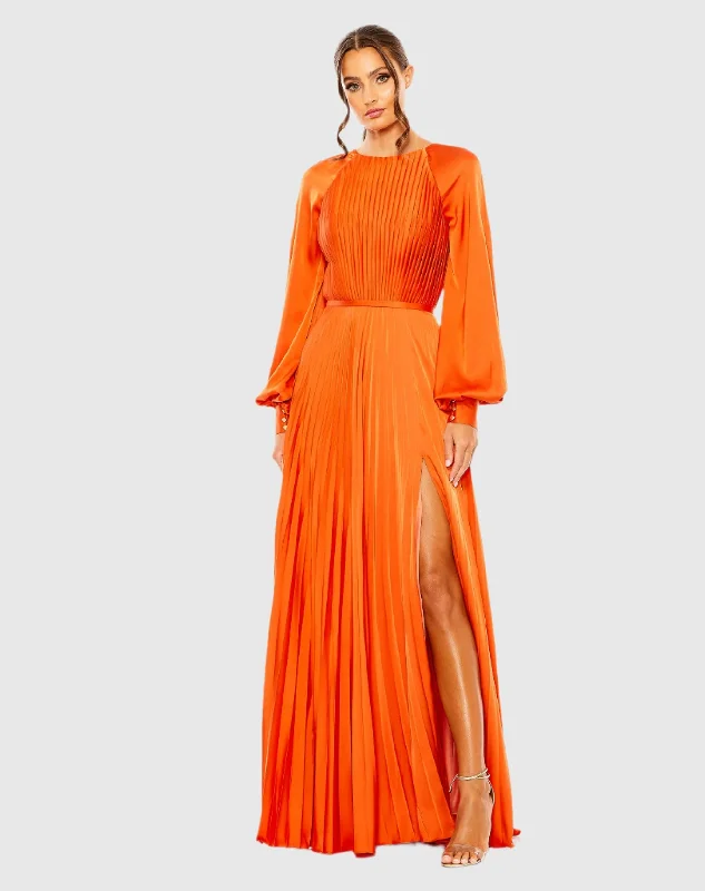 Maxi dresses with ribbed textures for a unique and tactile lookOrange Pleated High Neck Raglan Long Sleeve Side Slit Gown