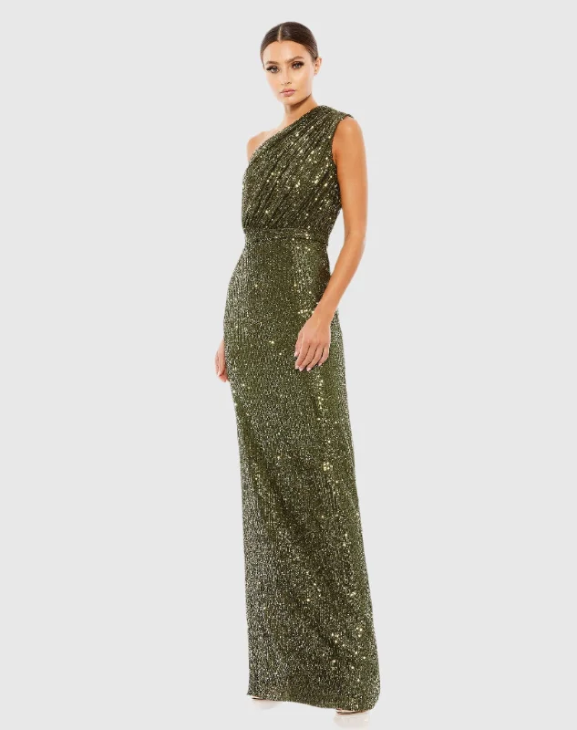 Maxi dresses with mesh panels for a sexy and trendy appearanceDark Green Sequined Ruched One Shoulder Gown