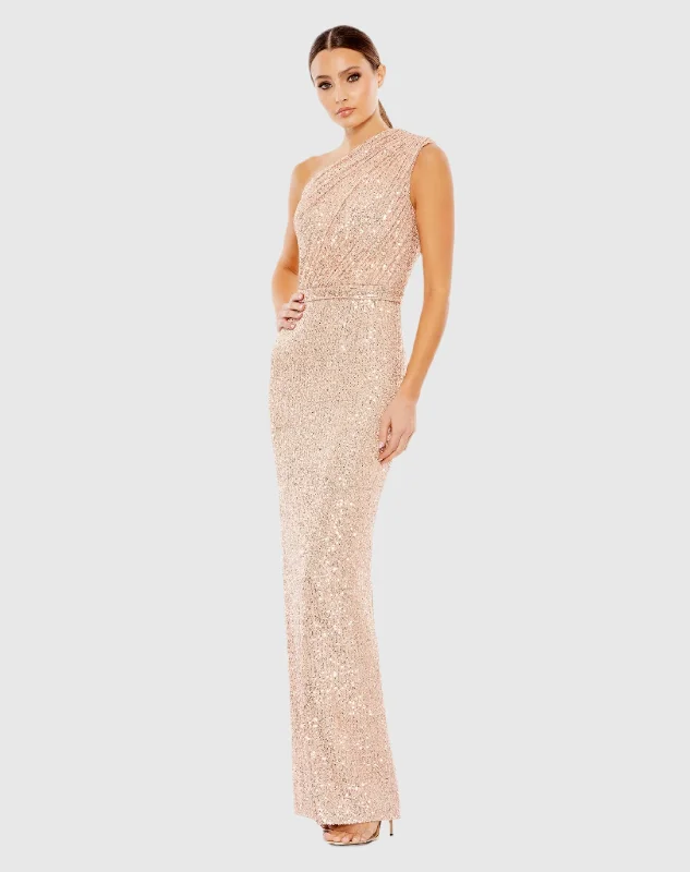 Maxi dresses with a gathered skirt for a voluminous and dramatic effectPink Sequined Ruched One Shoulder Gown