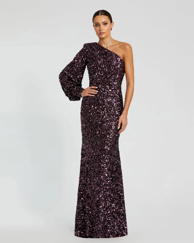 Maxi dresses with mesh panels for a sexy and trendy appearancePurple Sequined One Shoulder Bishop Sleeve Trumpet Gown