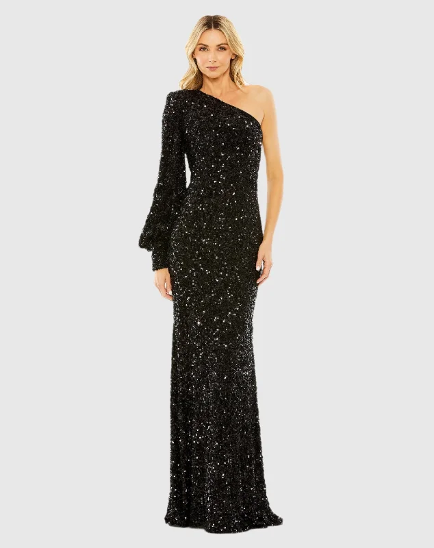 Maxi dresses with one - shoulder designs for a stylish and asymmetric lookBlack Sequined One Shoulder Bishop Sleeve Trumpet Gown