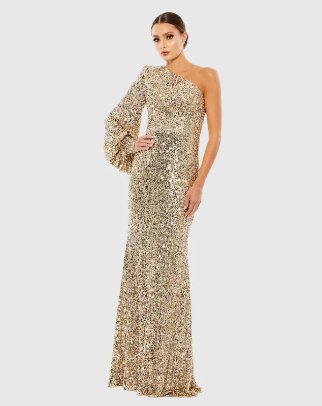 Maxi dresses with polka dot prints for a playful styleGold Sequined One Shoulder Bishop Sleeve Trumpet Gown