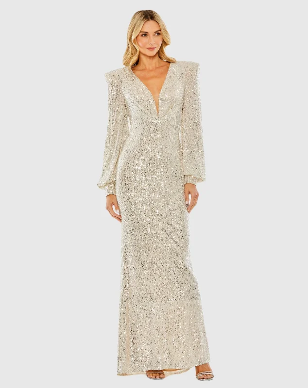 Maxi dresses with fringe trim for a bohemian vibeSequined Plunge Neck Structured Bishop Sleeve Gown