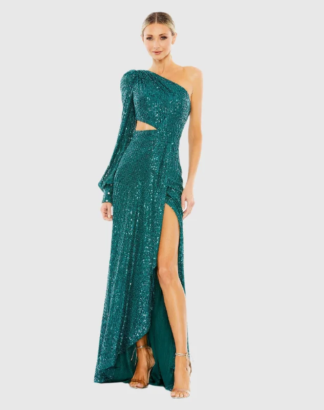 Maxi dresses with geometric prints for a contemporary aestheticGreen Sequined One Shoulder Cut Out Gown