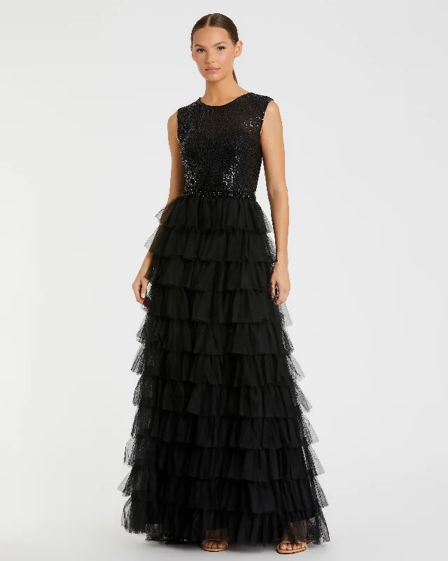 Maxi dresses with beaded embellishments for a fancy and luxurious eventRuffle Tiered Sequin High Neck Gown