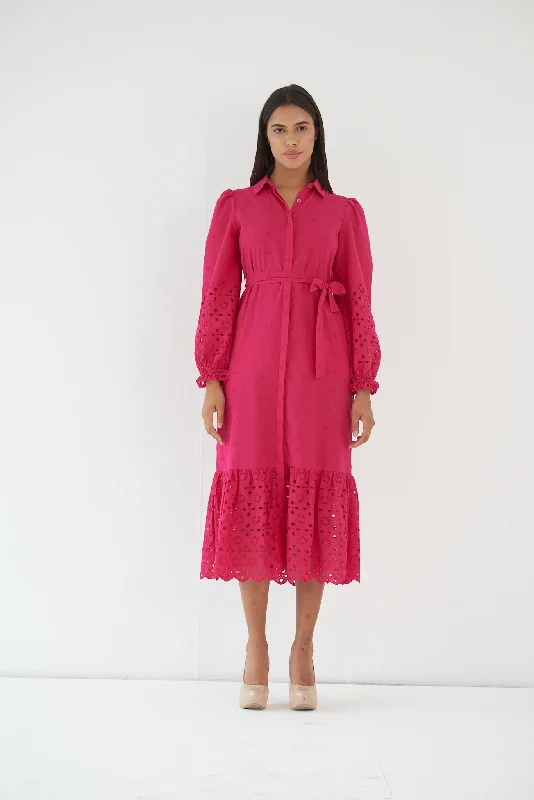 Maxi dresses with thin spaghetti straps for a delicate and feminine feelRegular Fit Hot pink cotton shirt dress for Ladies