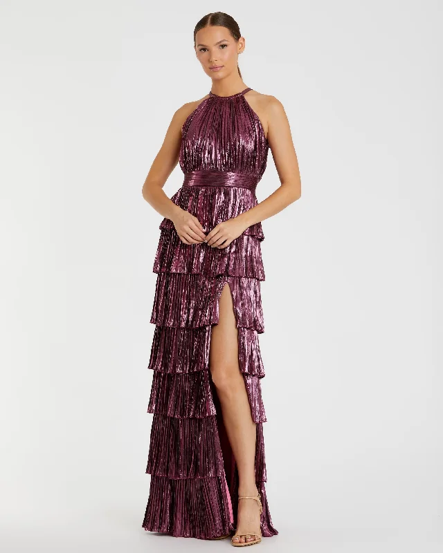 Denim maxi dresses with frayed hems for a casual lookHigh Neck Pleated Tiered Ruffle Metallic Gown