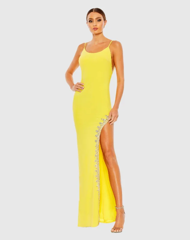 Maxi dresses with patchwork designs for a one - of - a - kind styleYellow Rhinestone Encrusted Side Slit Cami Bodycon Gown Maxi dresses with patchwork designs for a one - of - a - kind styleYellow Rhinestone Encrusted Side Slit Cami Bodycon Gown