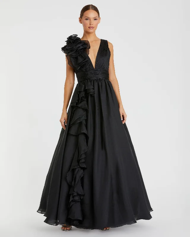 Maxi dresses with tassel accents for a fun and lively touchBlack Ruffle Shoulder V-Neck Chiffon Gown Maxi dresses with tassel accents for a fun and lively touchBlack Ruffle Shoulder V-Neck Chiffon Gown