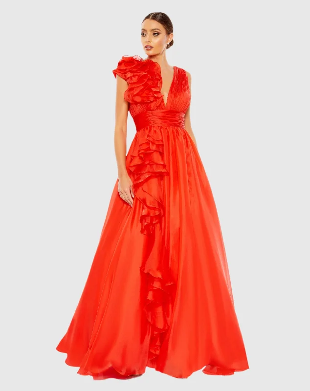 Maxi dresses with bow accents at the waist for a sweet appearanceRed Ruffle Shoulder V-Neck Chiffon Gown Maxi dresses with bow accents at the waist for a sweet appearanceRed Ruffle Shoulder V-Neck Chiffon Gown